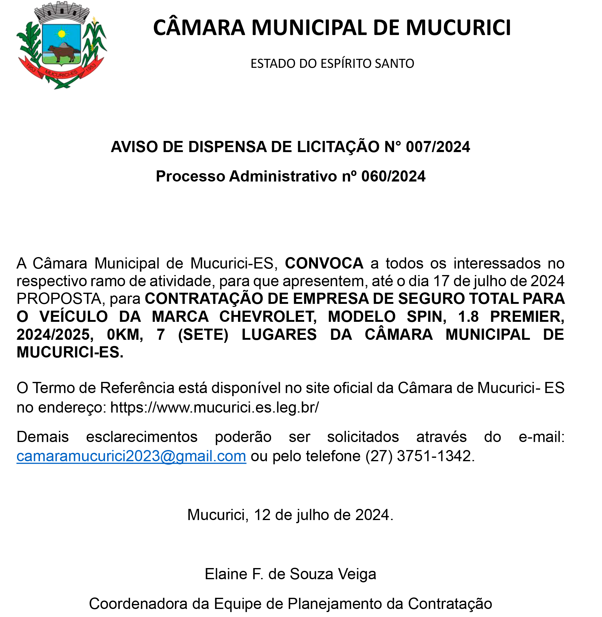 AVISO DE DISPENSA DE LICITAÇÃO N° 007/2024 - Processo Administrativo nº 060/2024