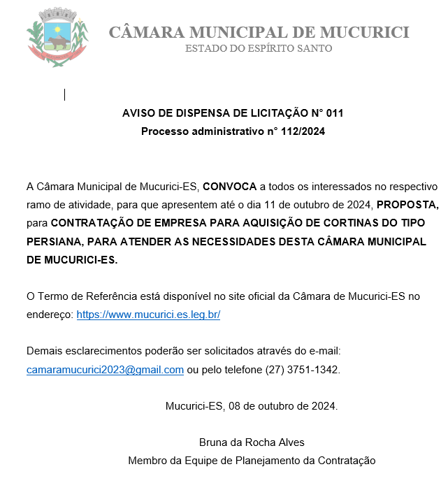 AVISO DE DISPENSA DE LICITAÇÃO N° 011 - Processo administrativo n° 112/2024