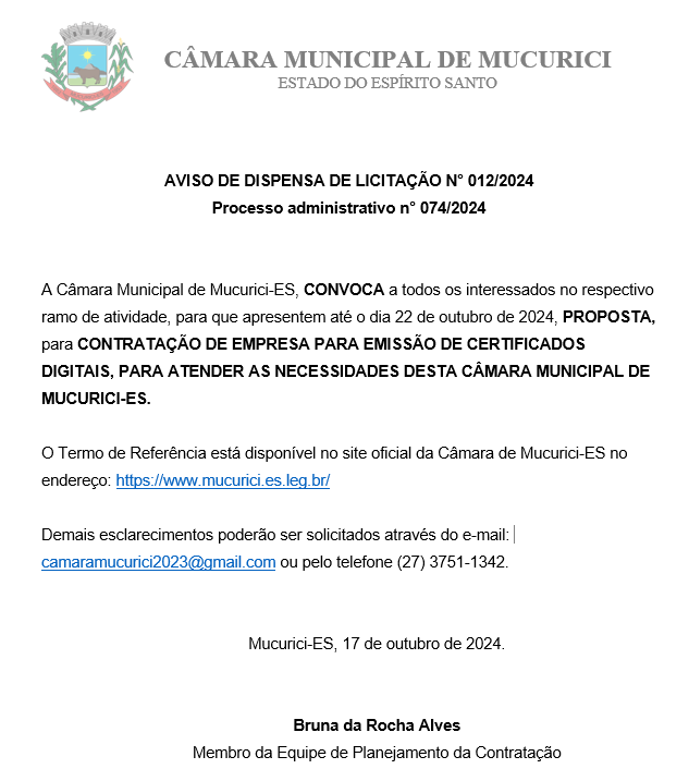 AVISO DE DISPENSA DE LICITAÇÃO N° 012/2024 - Processo administrativo n° 074/2024