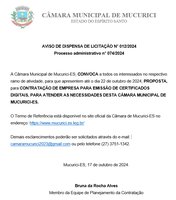 AVISO DE DISPENSA DE LICITAÇÃO N° 012/2024 - Processo administrativo n° 074/2024