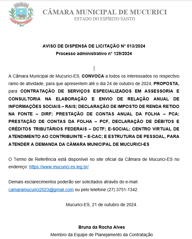 AVISO DE DISPENSA DE LICITAÇÃO N° 013/2024 - Processo administrativo n° 129/2024