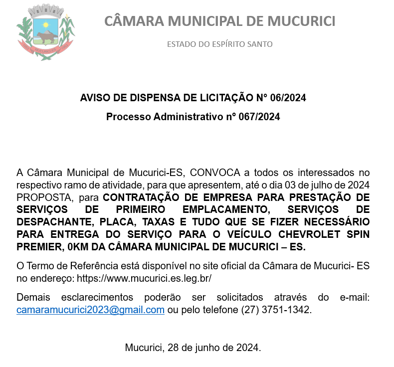 AVISO DE DISPENSA DE LICITAÇÃO N° 06/2024 - Processo Administrativo nº 067/2024