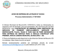 AVISO DE DISPENSA DE LICITAÇÃO N° 06/2024 - Processo Administrativo nº 067/2024