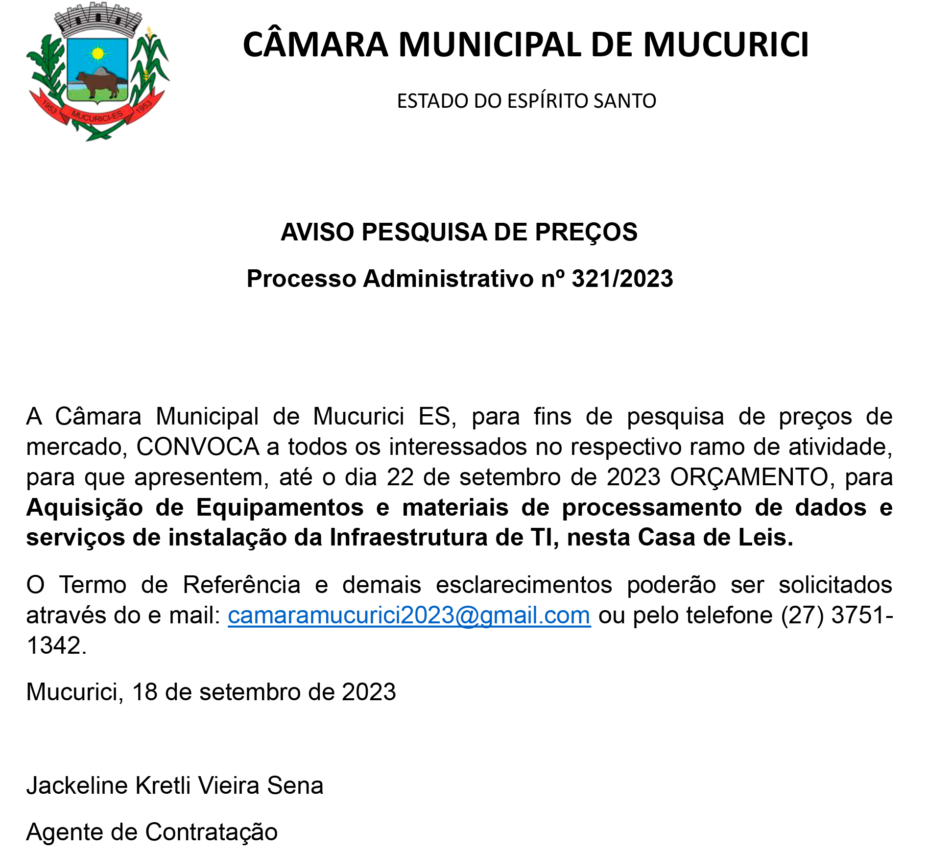 AVISO PESQUISA DE PREÇOS - Processo Administrativo nº 321/2023