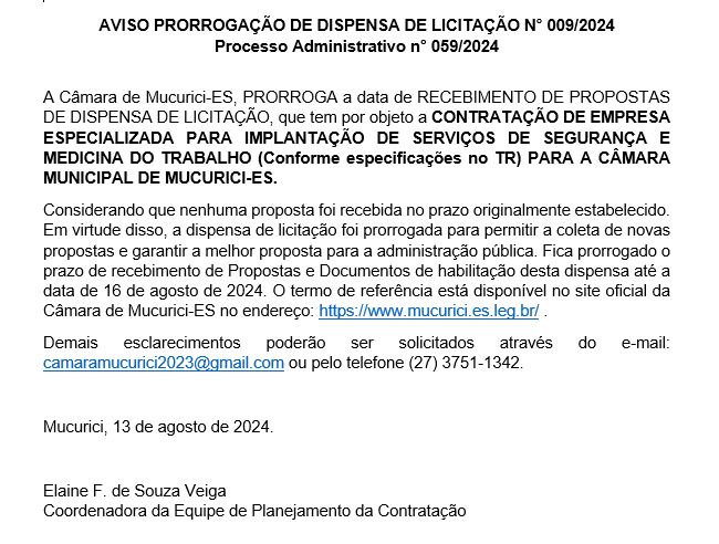 AVISO PRORROGAÇÃO DE DISPENSA DE LICITAÇÃO N° 009/2024