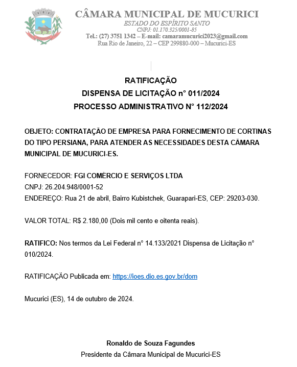 DISPENSA DE LICITAÇÃO n° 011/2024 - PROCESSO ADMINISTRATIVO N° 112/2024