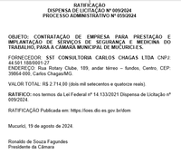 DISPENSA DE LICITAÇÃO Nº 009/2024 - PROCESSO ADMINISTRATIVO Nº 059/2024 - RATIFICAÇÃO