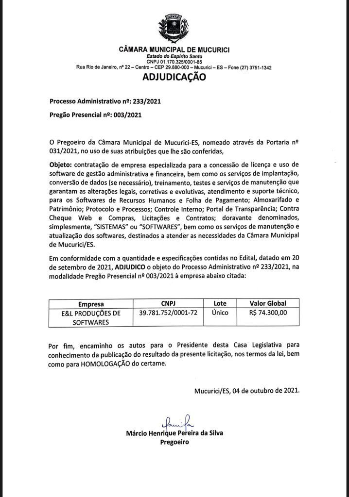 ADJUDICAÇÃO - Pregão Presencial nº 0032021 - Empresa de Software