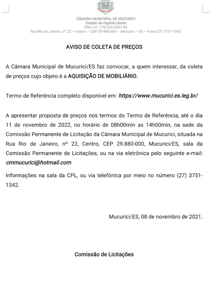 AVISO DE COLETA DE ORÇAMENTO- MOBILIÁRIO.