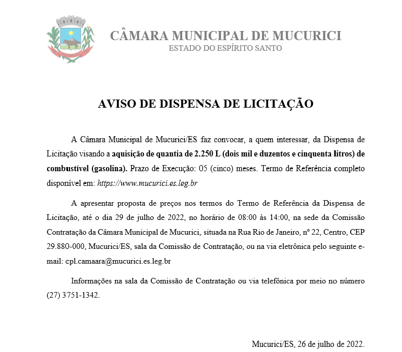 AVISO DE DISPENSA DE LICITAÇÃO.