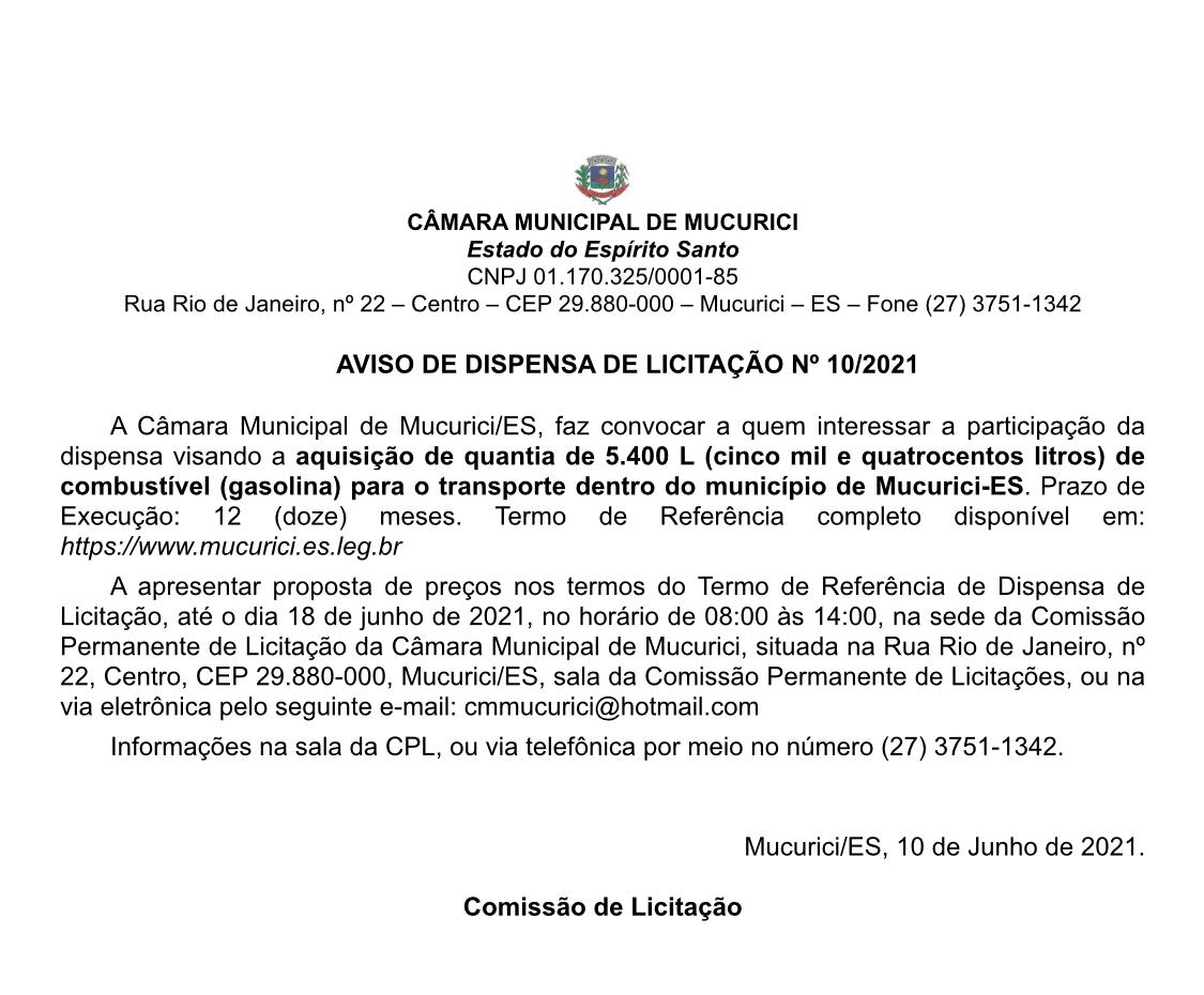 AVISO DE DISPENSA DE LICITAÇÃO Nº 10/2021