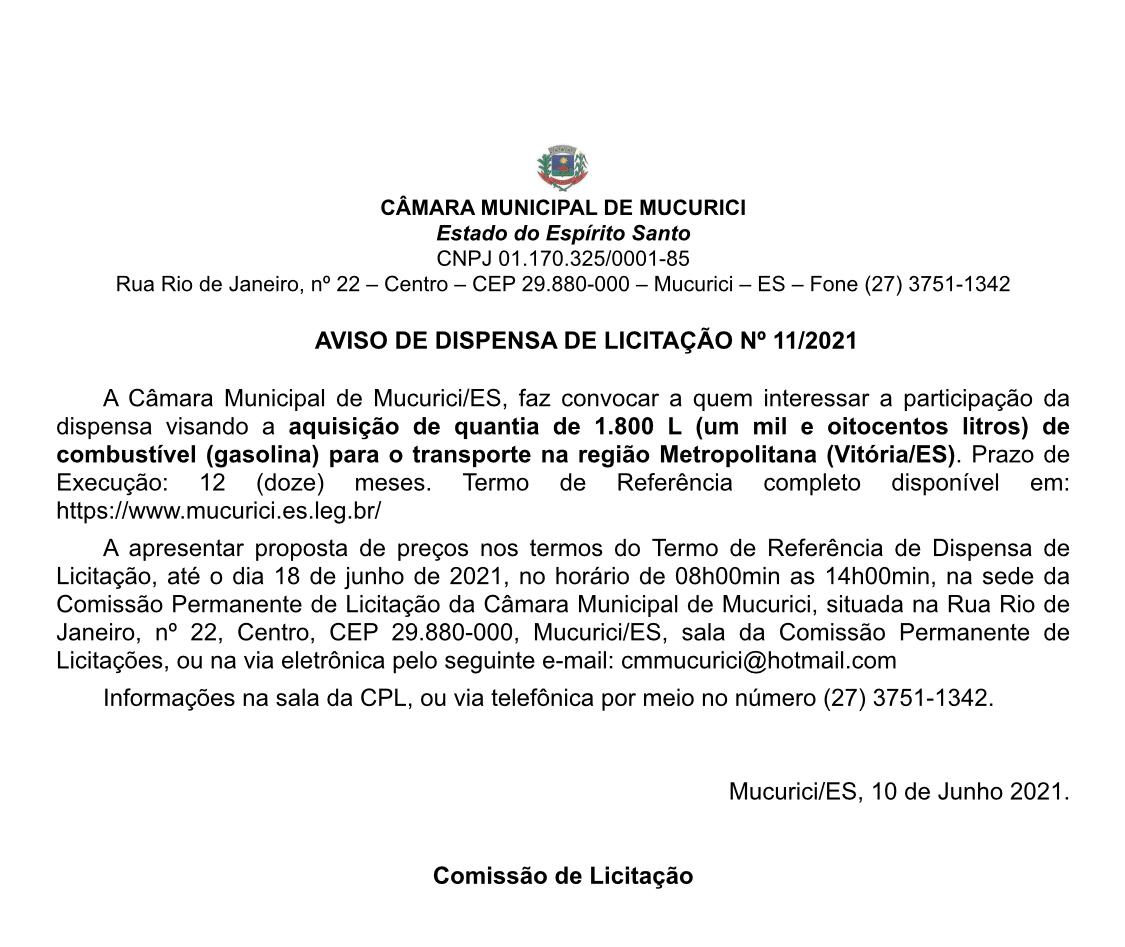 AVISO DE DISPENSA DE LICITAÇÃO Nº 11/2021