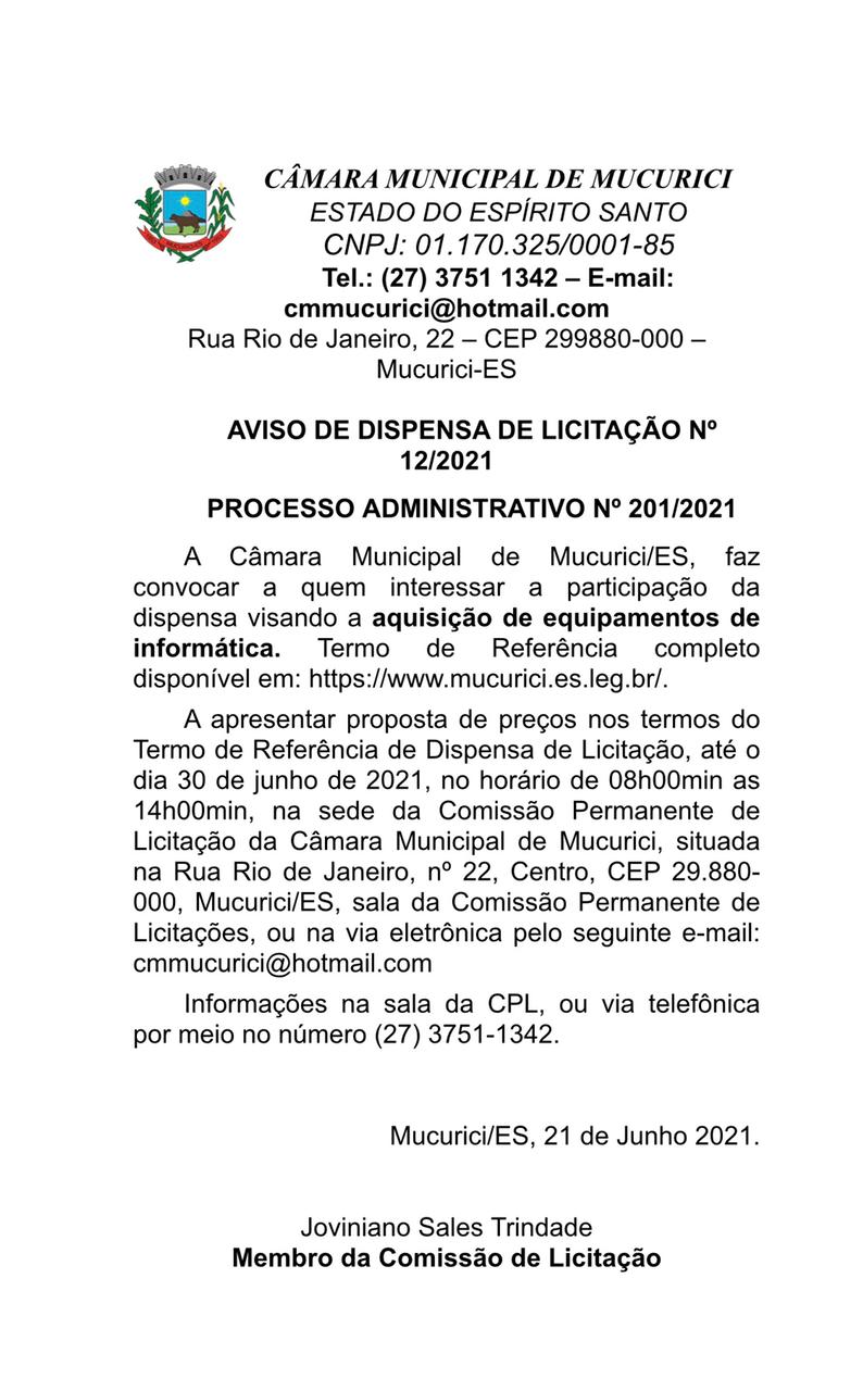 Aviso de dispensa de licitação nº 12-2021