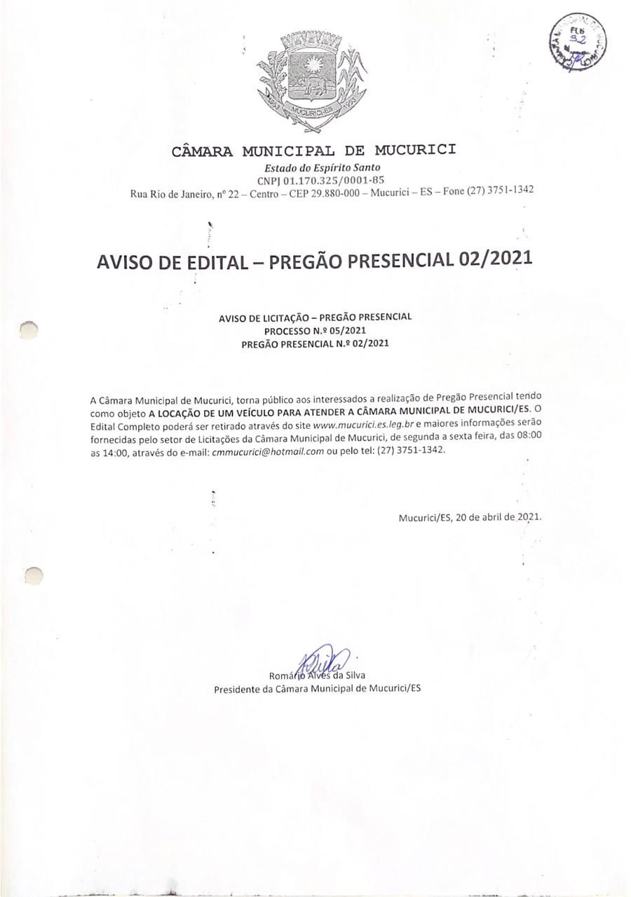 AVISO DE EDITAL - PREGÃO PRESENCIAL 02/2021