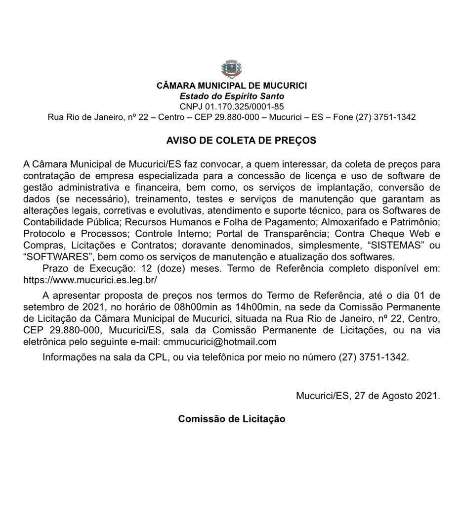 AVISO DE PUBLICAÇÃO DE COLETA DE PREÇOS