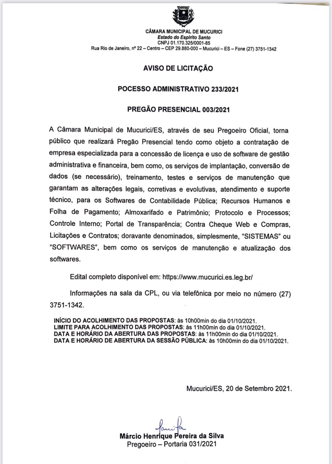 Aviso Pregão Presencial 003/2021