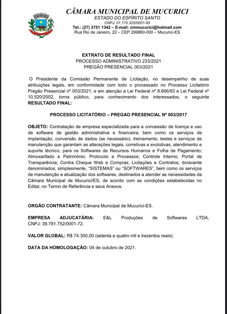 EXTRATO DE RESULTADO FINAL - Pregão Presencial nº 003/2021 - Empresa de Software