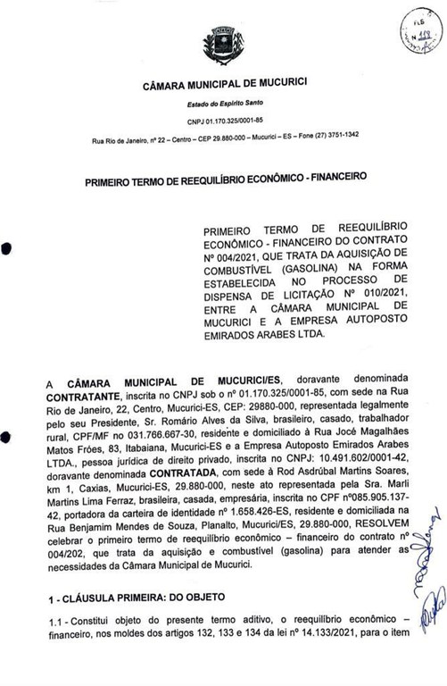 Primeiro Termo De ReequilÍbrio EconÔmico Financeiro — Câmara Municipal De Mucurici 8435