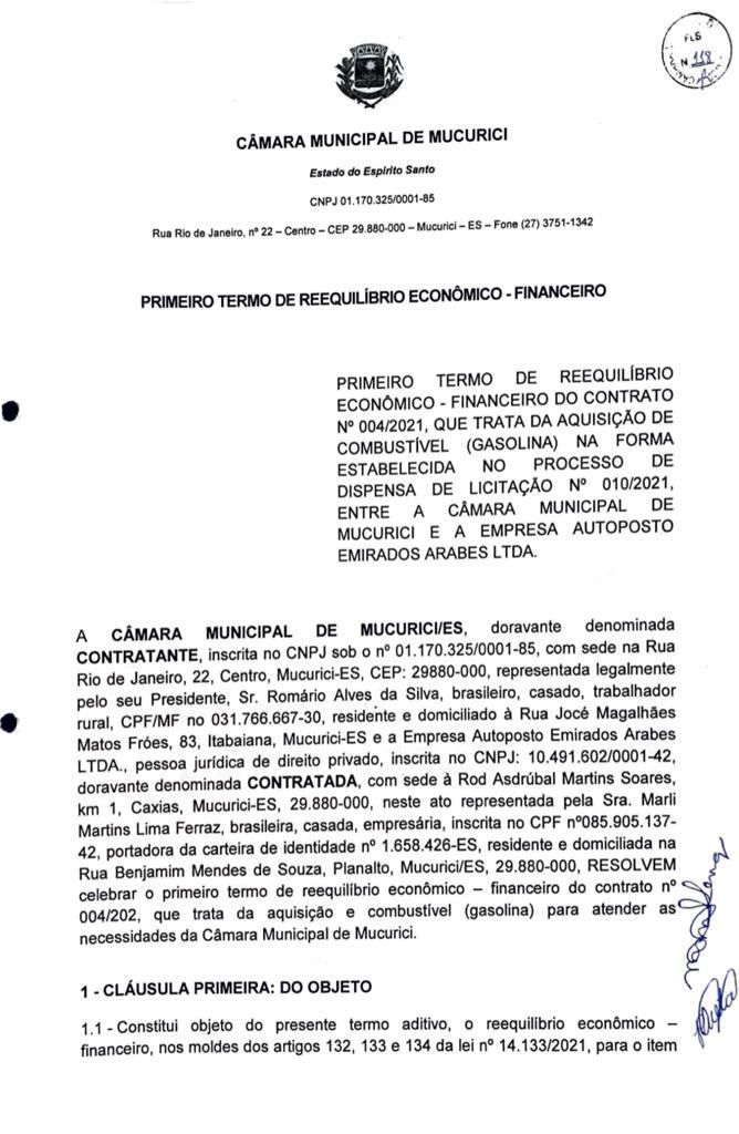 PRIMEIRO TERMO DE REEQUILÍBRIO ECONÔMICO - FINANCEIRO