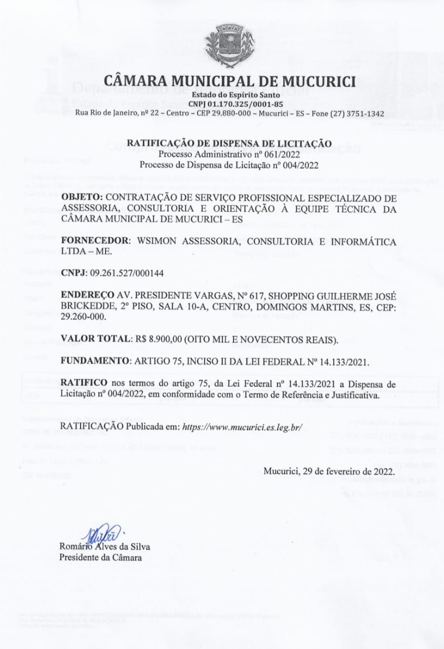 RATIFICAÇÃO DE DISPENSA DE LICITAÇÃO N° 04/2022