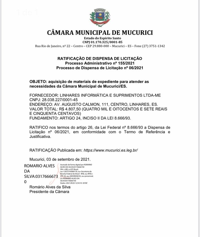 EXTRATO DE DISPENSA DE LICITAÇÃO. — Câmara Municipal de Bom Despacho