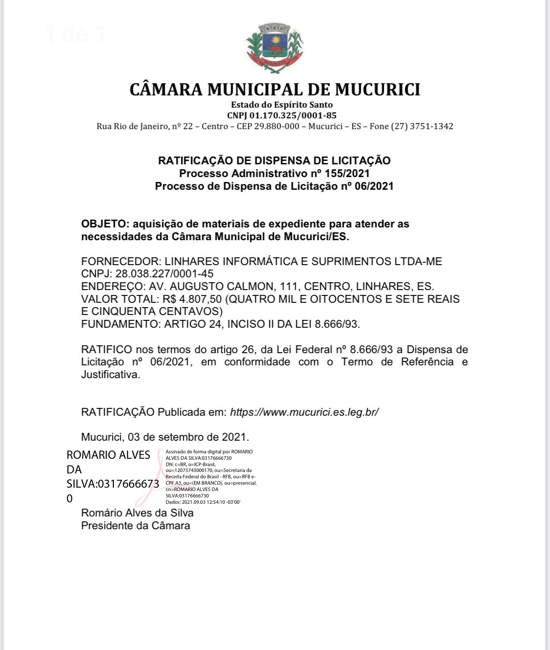 RATIFICAÇÃO DE DISPENSA DE LICITAÇÃO nº 06/2021