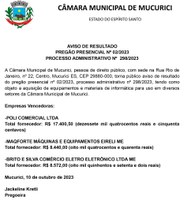 PREGÃO PRESENCIAL Nº 02/2023 - PROCESSO ADMINISTRATIVO Nº  298/2023 -  AVISO DE RESULTADO