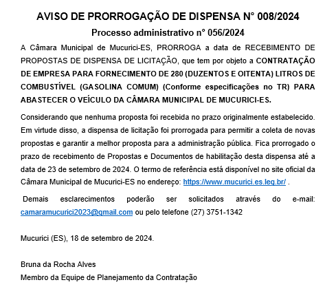  Processo administrativo n° 056/2024 - AVISO DE PRORROGAÇÃO DE DISPENSA N° 008/2024