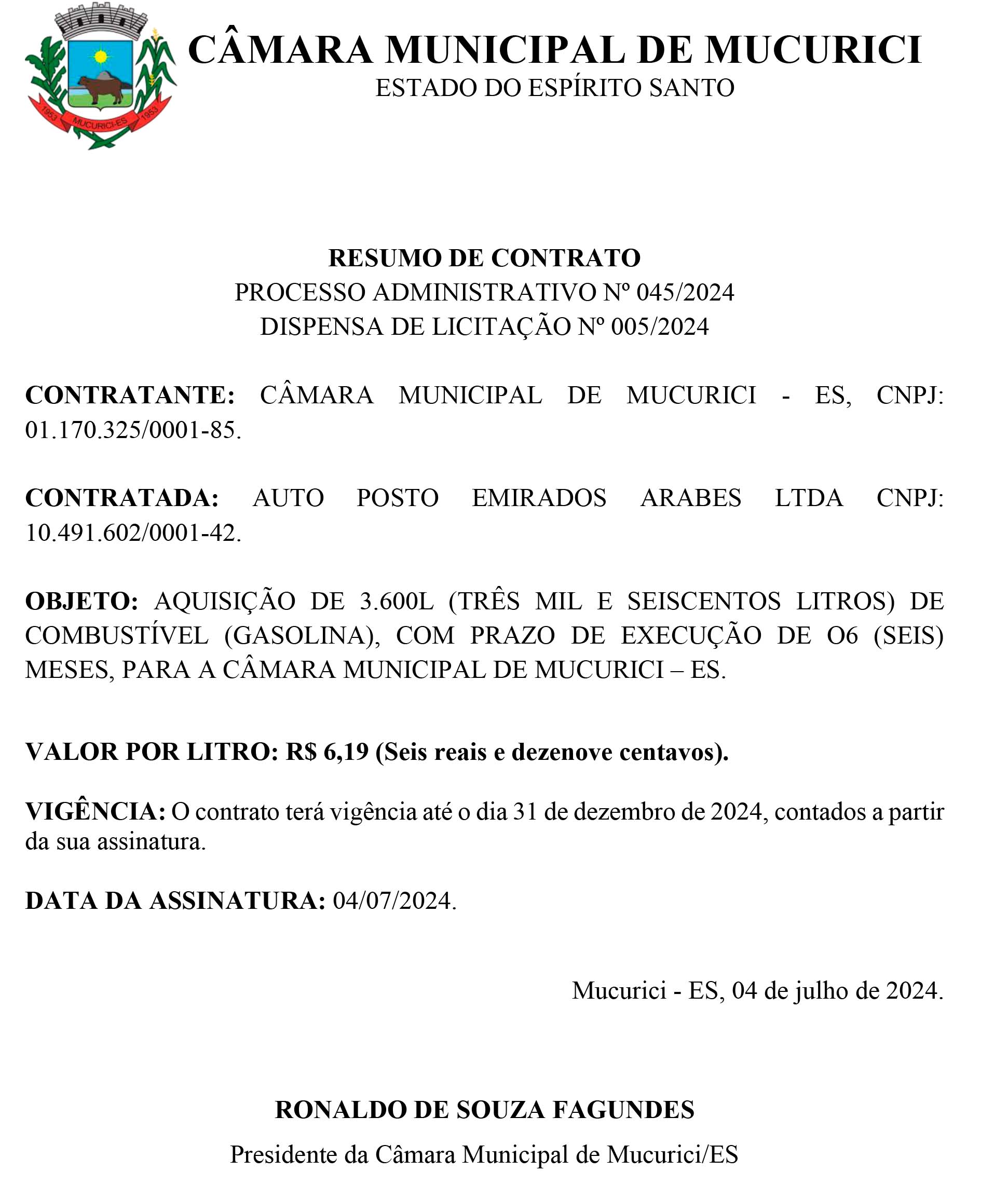 PROCESSO ADMINISTRATIVO Nº 045/2024 - DISPENSA DE LICITAÇÃO Nº 005/2024 - RESUMO DE CONTRATO 