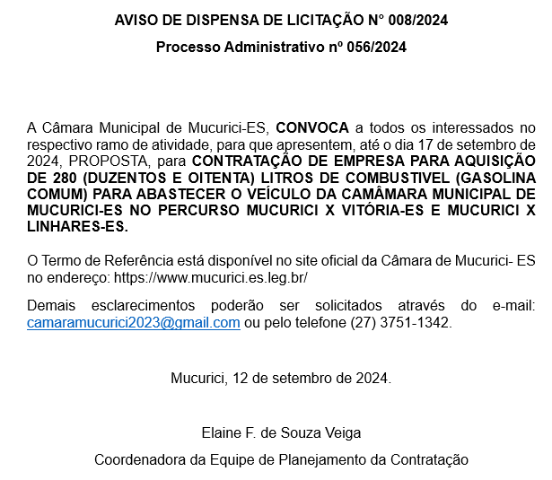 Processo Administrativo nº 056/2024 - AVISO DE DISPENSA DE LICITAÇÃO N° 008/2024 