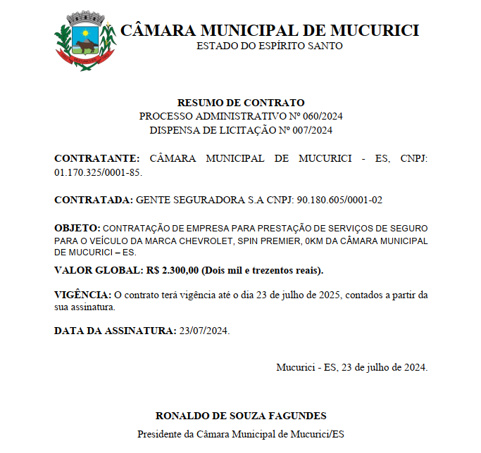 PROCESSO ADMINISTRATIVO Nº 060/2024 - DISPENSA DE LICITAÇÃO Nº 007/2024 - RESUMO DE CONTRATO