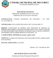 PROCESSO ADMINISTRATIVO Nº 067/2024 - DISPENSA DE LICITAÇÃO Nº 006/2024 - RESUMO DE CONTRATO