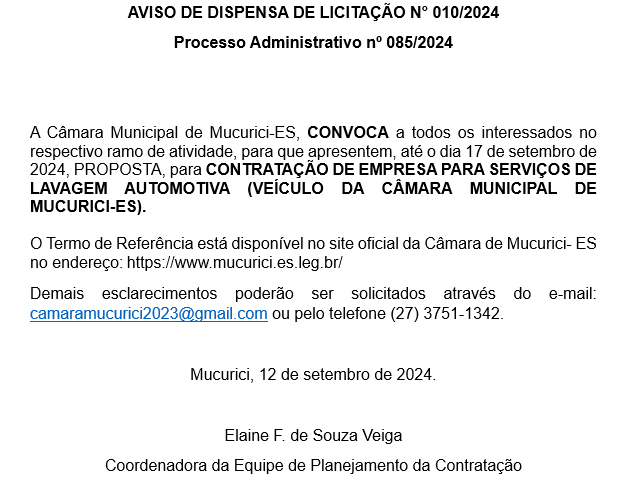 Processo Administrativo nº 085/2024 - AVISO DE DISPENSA DE LICITAÇÃO N° 010/2024