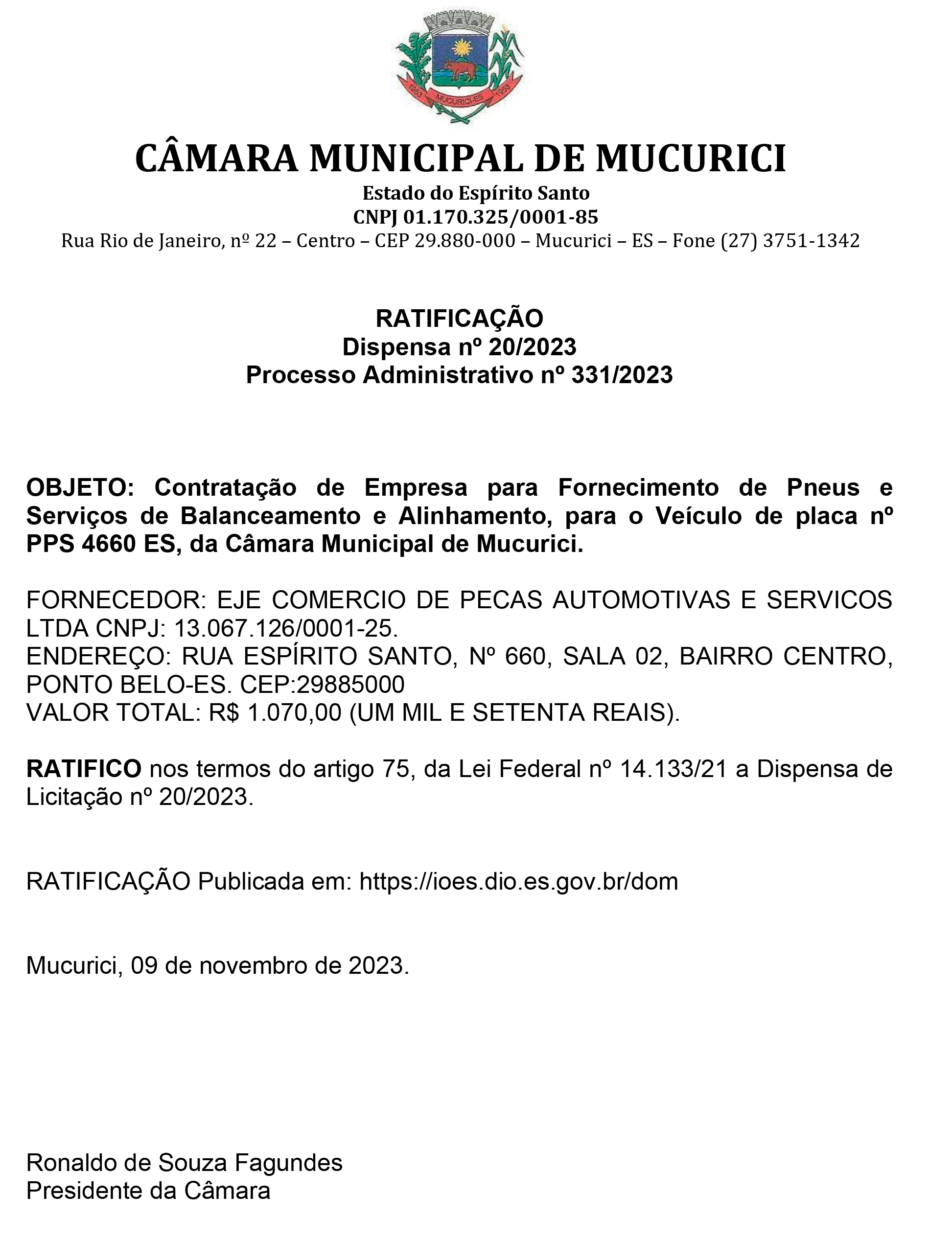 RATIFICAÇÃO - Dispensa nº 20/2023 - Processo Administrativo nº 331/2023